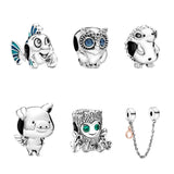 925 Silver Owl Crown Bead with Diamond Fish Gem Charm