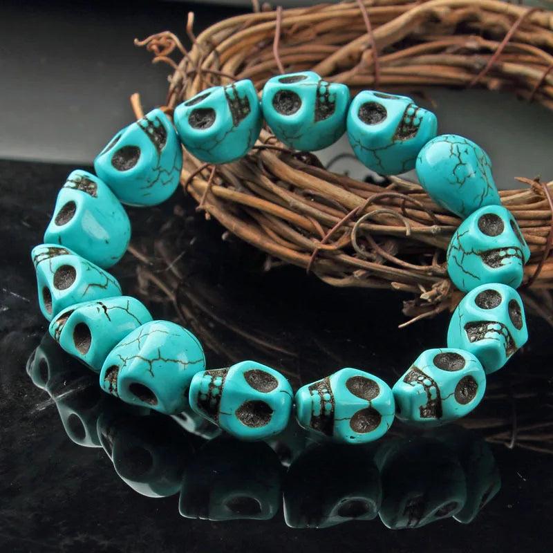 Turquoise Skull Bracelet Men Fine Jewelry Beads Elastic Bangle