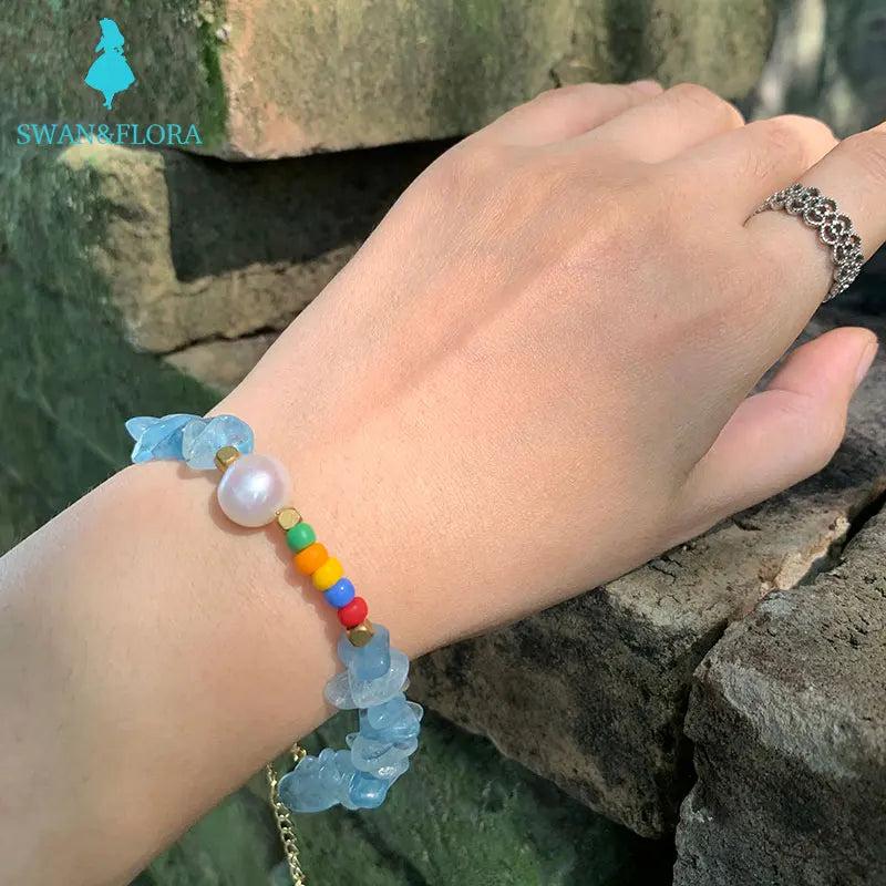 Natural Aquamarine Bracelet Stone Irregular Jewelry GEM Beads Healing Women