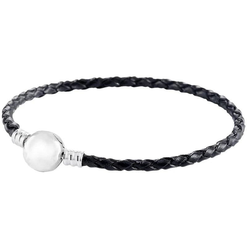 Woven Leather Ball Bracelet with Seashell Clasp for 925 Silver Charm DIY Jewelry