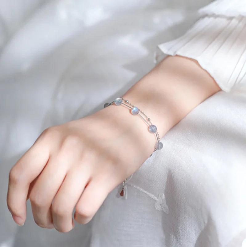 Sterling Silver Opal Moonstone Double Layer Bracelet Lucky Jewelry
