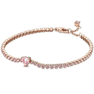 Rose Sparkling Pink Heart Tennis Crystal Bracelet 925 Silver