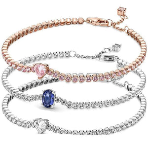 Rose Sparkling Pink Heart Tennis Crystal Bracelet 925 Silver