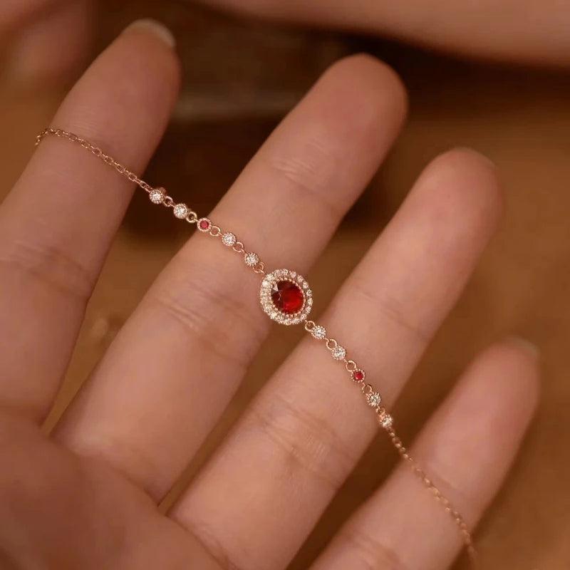 Vintage Ruby Charm Bracelet Silver Jewelry for Women