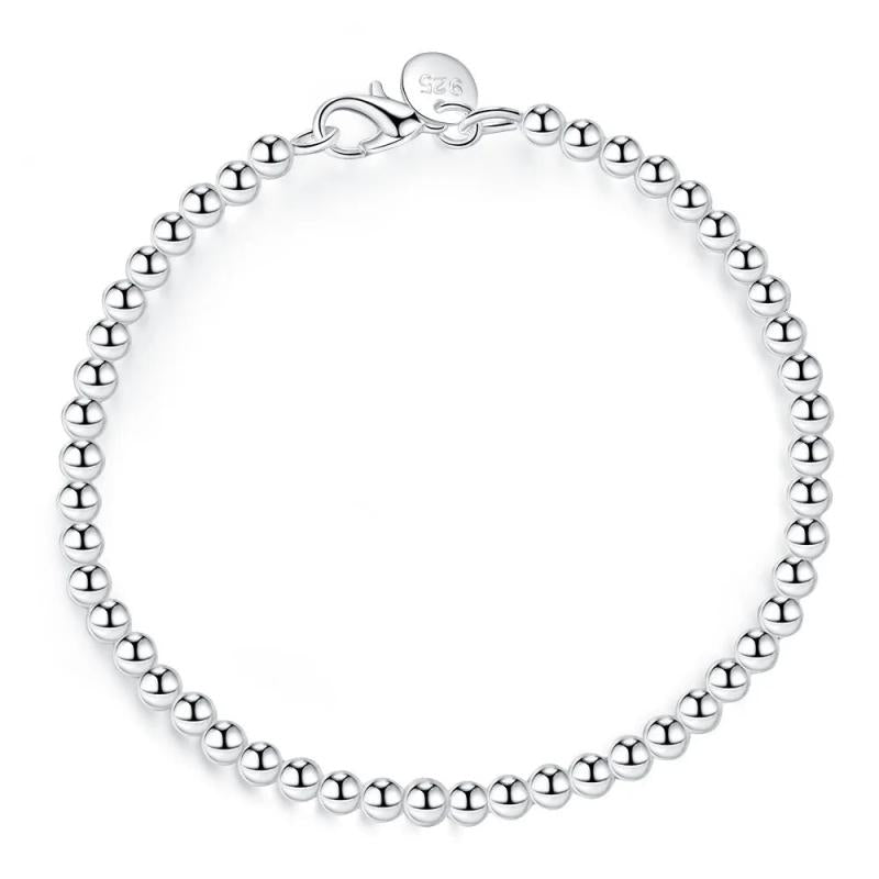 925 Silver 4mm Round Ball Beads Bracelet Women Girls Gift