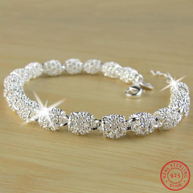 925 Silver Flower Beads Charm Bracelets Women Wedding Party Jewelry