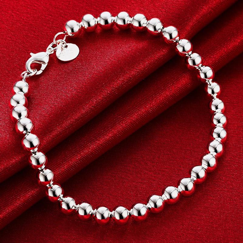 925 Silver 6mm Round Ball Beads Bracelet for Women Girls