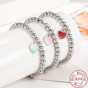 925 Silver Heart Enamel Bracelet, Romantic Charm Jewelry