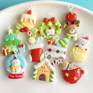10Pcs Resin Christmas House Snowman Tree Charms for DIY Crafts Jewelry Findings