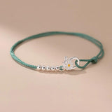925 Silver Flower Bead Green Rope Bracelet Women Jewelry