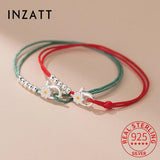 925 Silver Flower Bead Green Rope Bracelet Women Jewelry