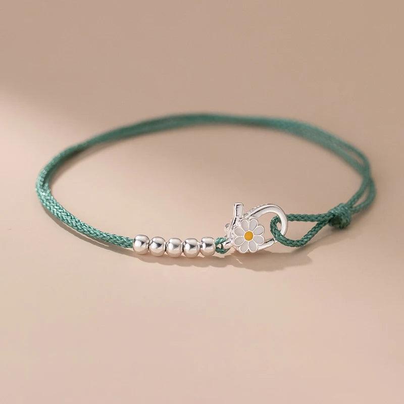 925 Silver Flower Bead Green Rope Bracelet Women's Jewelry