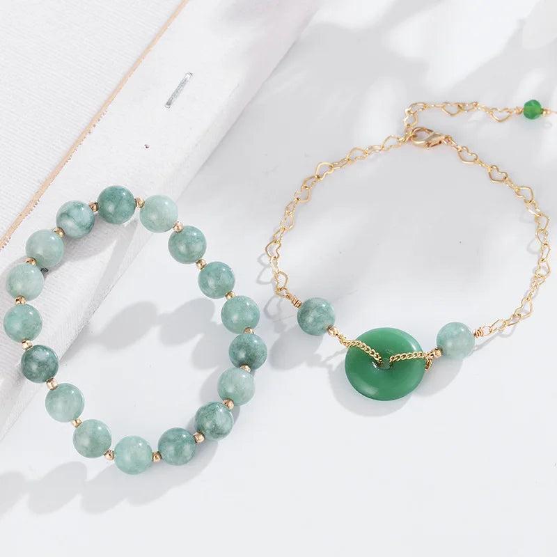 Green Jade Bracelet 8mm Beads Chinese Amulet Bangle