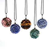 Hand Carved Rose Flower Natural Crystal Healing Stone Necklace
