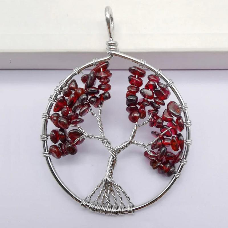 Natural Garnet Tree of Life Wire Wrap Pendant
