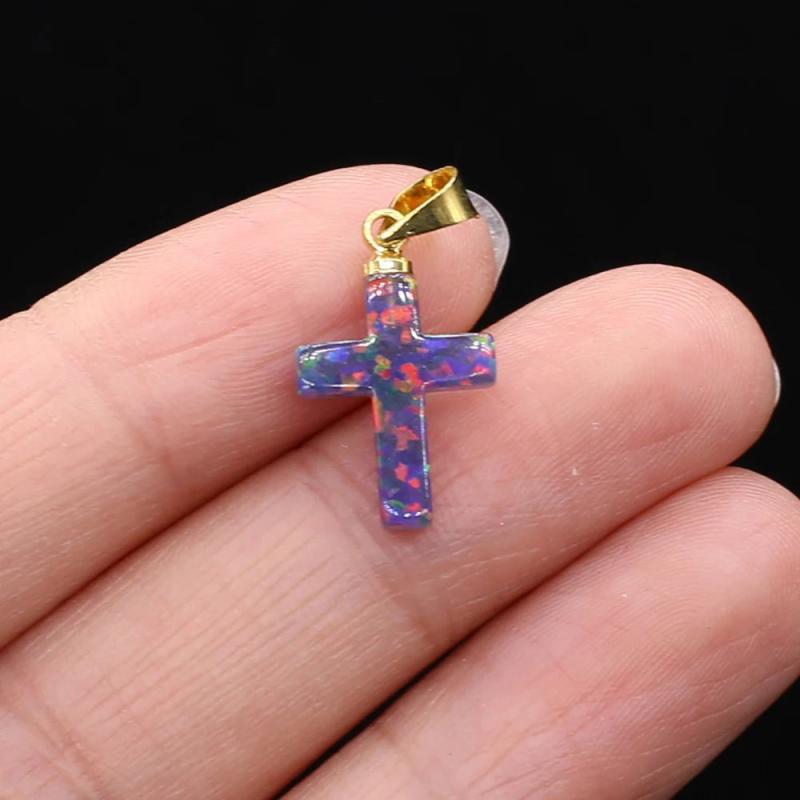 Natural Opal Stone Gem Cross Pendant for DIY Jewelry Making