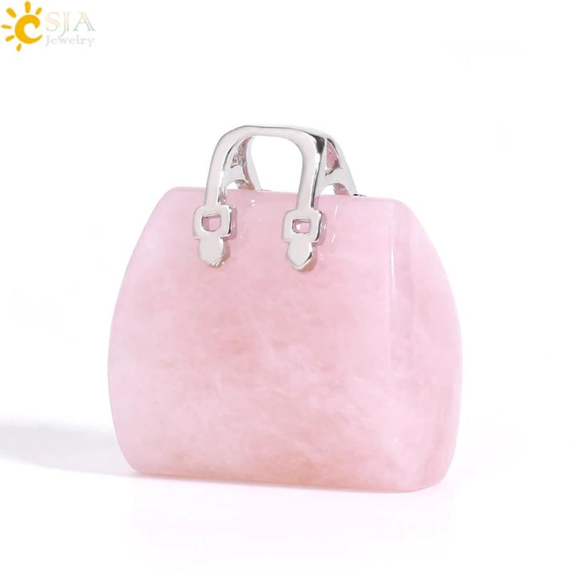 CSJA Gem Stone Handbag Pendant Necklace Healing Amethysts Pink Crystal Jewelry