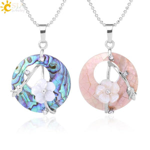 CSJA Abalone Shell Pendant Necklace Pink Round Gems Flower Zircon Charms F873
