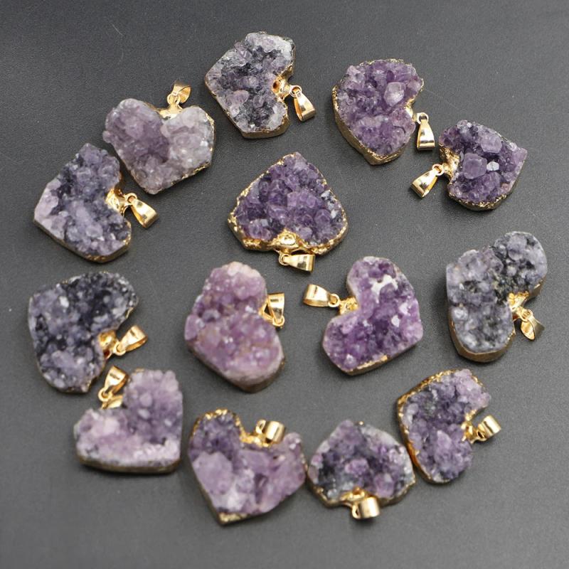 Amethysts Stone Pendants Raw Ore Purple Crystal Heart Necklace Charms