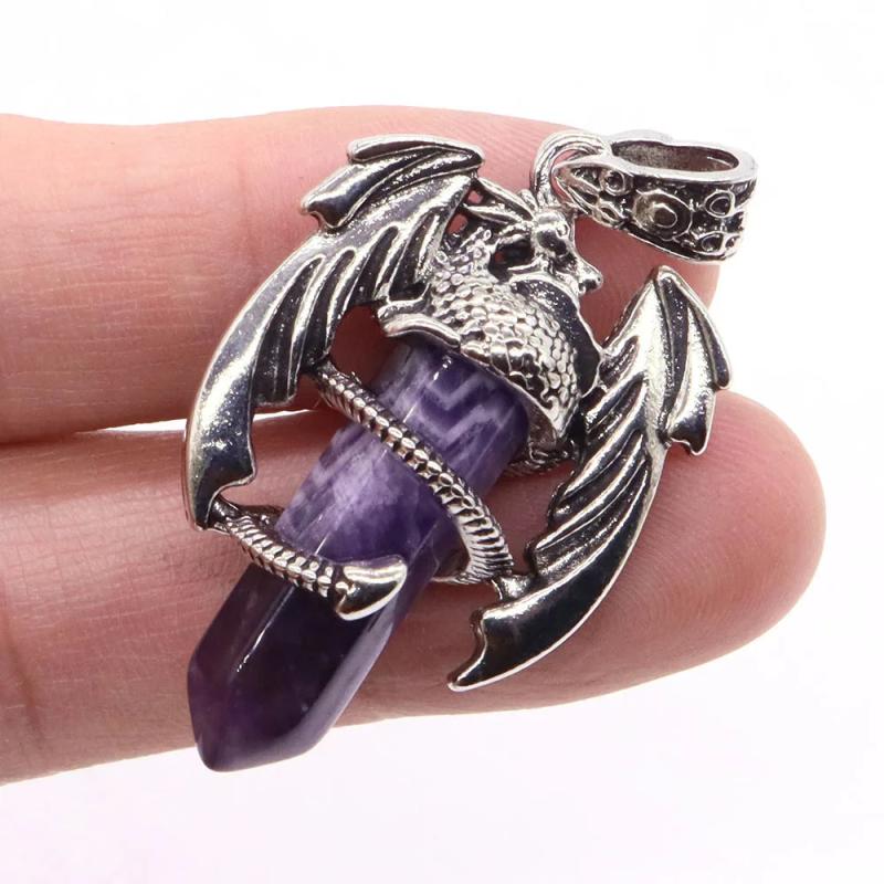 Dragon Man Pendant Necklace Gem Stone Healing Amethyst Crystal Vintage Jewelry