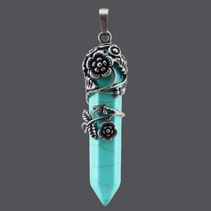Antique Silver Flower Pendant Natural Gems Stone Hexagonal Crystal Quartz Malach