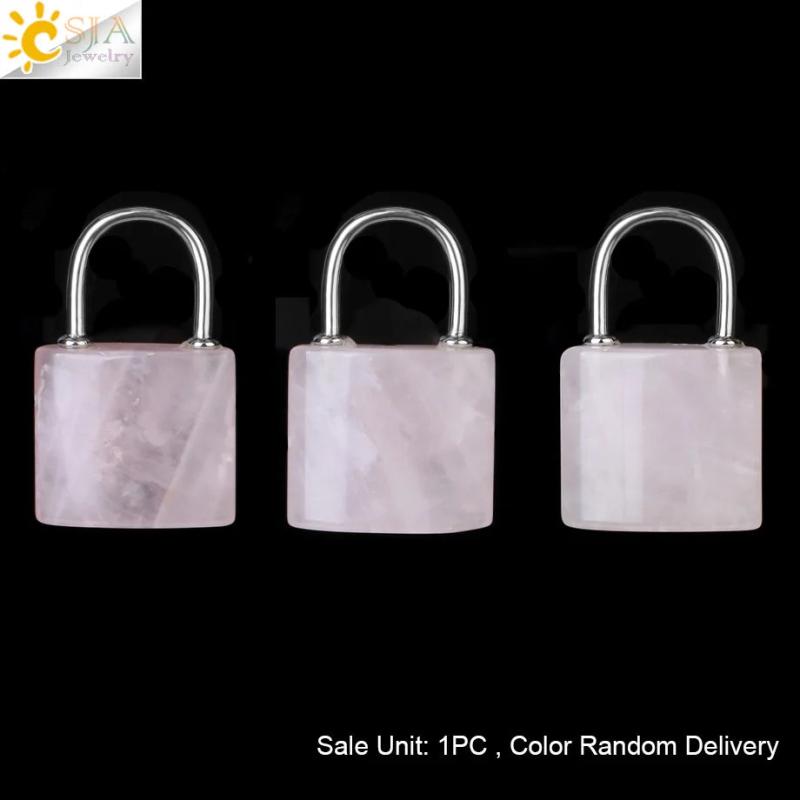 CSJA Gem Stone Pendants Healing Crystals Necklace Lock Pendant - Amethysts Pink
