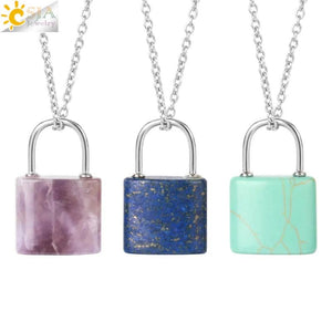 CSJA Gem Stone Pendants Healing Crystals Necklace Lock Pendant - Amethysts Pink