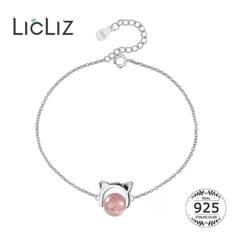 925 Sterling Silver Cat Ear Bracelet with Pink Strawberry Quartz