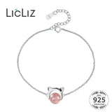 925 Sterling Silver Cat Ear Bracelet with Pink Strawberry Quartz