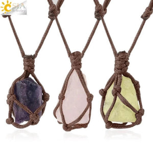 CSJA Healing Crystals Necklace Pendant Rope Wrap Amethysts Rose Crystal Quartzs