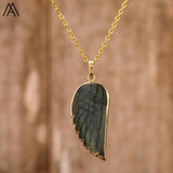 Labradorite Angel Wing Pendant Necklace - Women's Rainbow Fluorite Choker
