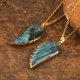 Labradorite Angel Wing Pendant Necklace - Women's Rainbow Fluorite Choker