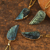 Labradorite Angel Wing Pendant Necklace - Women's Rainbow Fluorite Choker