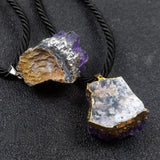 Amethyst Cluster Pendant Necklace Healing Crystals Plated Edge Stone Necklaces