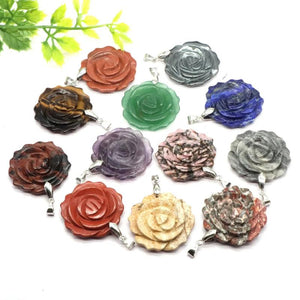 Natural Crystal Rose Flower Pendant Necklace