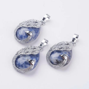 Teardrop Stone Pendant with Alloy Peacock Charms for Necklaces