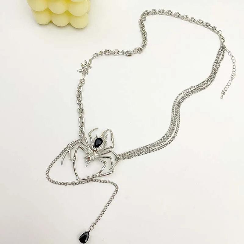 Gothic Spider Crystal Pendant Necklace Dark Tassel Chain Choker Y2K Jewelry