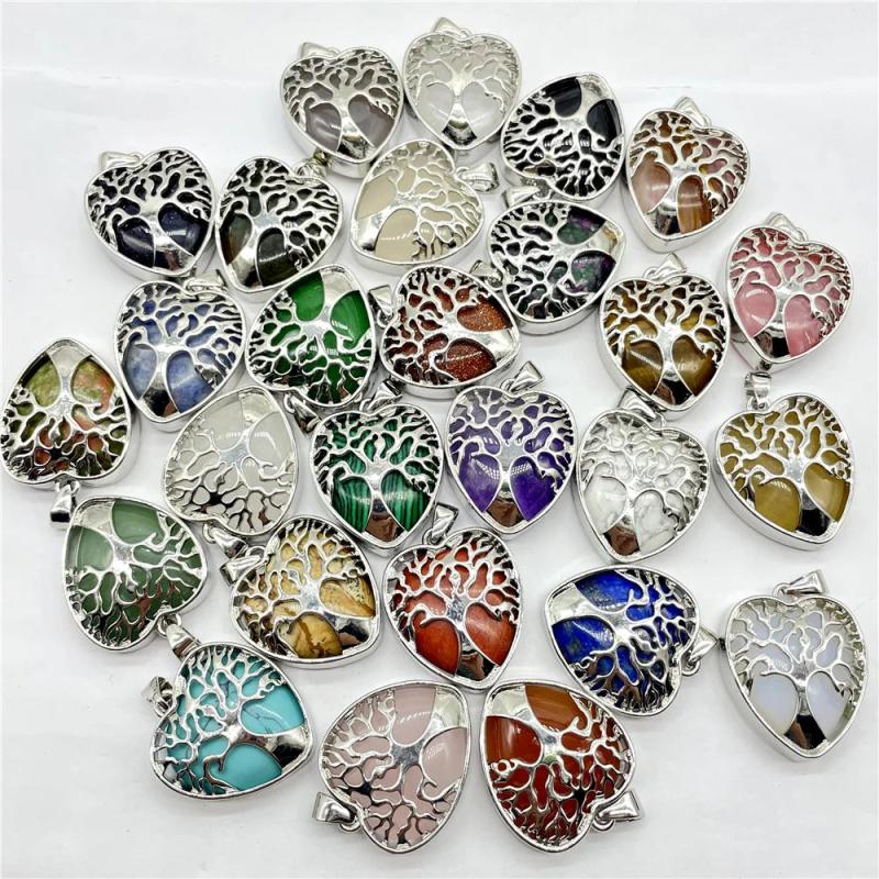 Quartz Crystal Tree Of Life Heart Pendant for Jewelry Making 8pcs