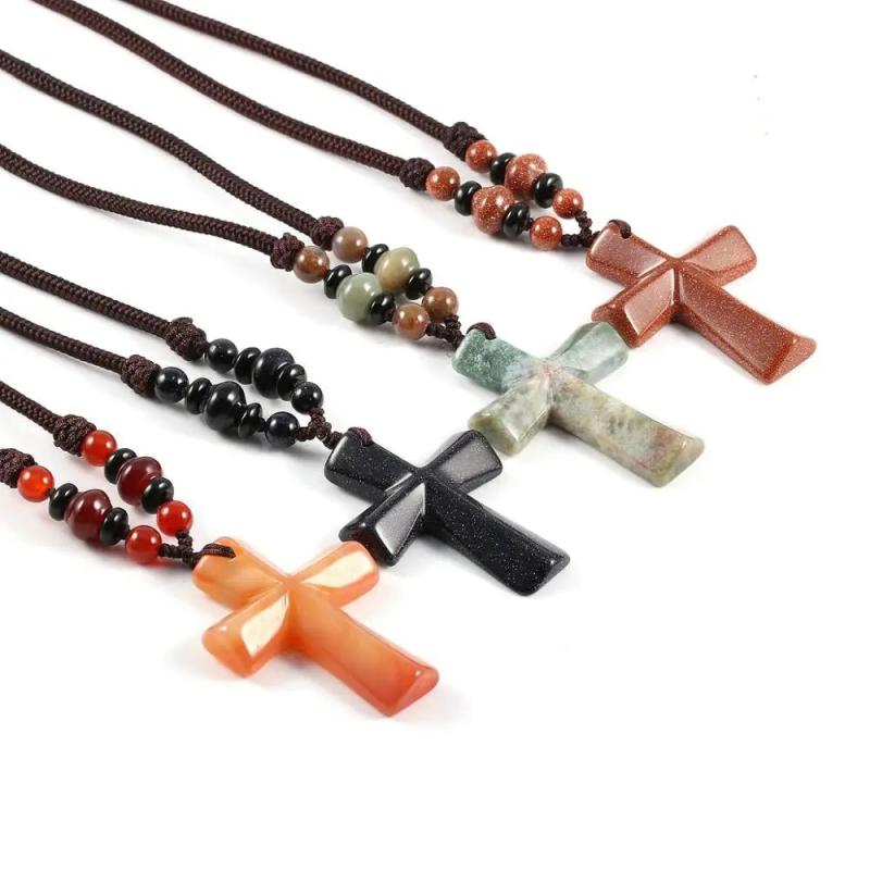 Natural Stone Pendant Cruciform Necklace DIY Jewelry Beads Gift