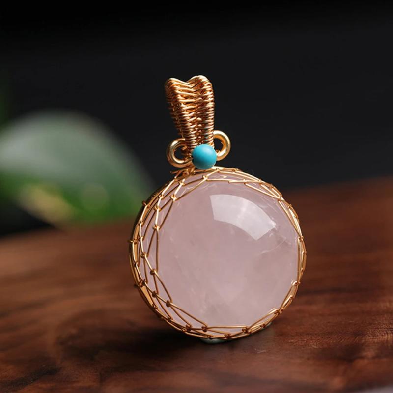 Rose Quartz Crystal Ball Pendant Golden Wire Wrapped Reiki Healing Jewelry