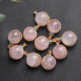 Rose Quartz Crystal Ball Pendant Golden Wire Wrapped Reiki Healing Jewelry