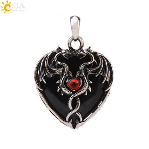 CSJA Double Dragon Necklace Natural Stone Heart Crystal Pendant Amulet Neckalces