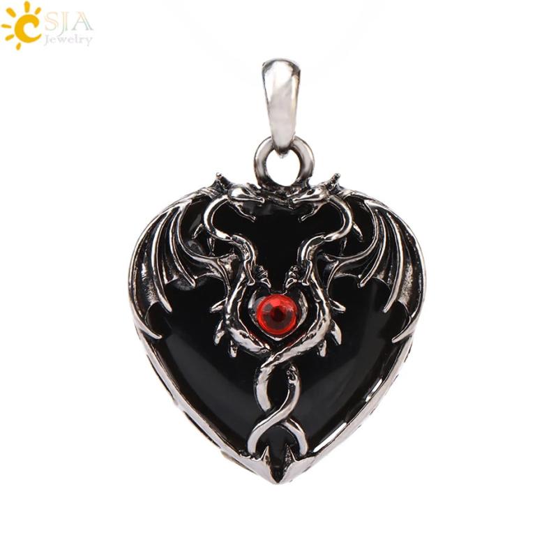 CSJA Double Dragon Necklace Natural Stone Heart Crystal Pendant Amulet Neckalces