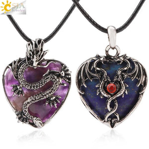 CSJA Double Dragon Necklace Natural Stone Heart Crystal Pendant Amulet Neckalces