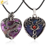 CSJA Double Dragon Necklace Natural Stone Heart Crystal Pendant Amulet Neckalces