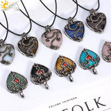 CSJA Double Dragon Necklace Natural Stone Heart Crystal Pendant Amulet Neckalces