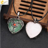 CSJA Double Dragon Necklace Natural Stone Heart Crystal Pendant Amulet Neckalces