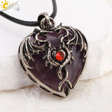CSJA Double Dragon Necklace Natural Stone Heart Crystal Pendant Amulet Neckalces