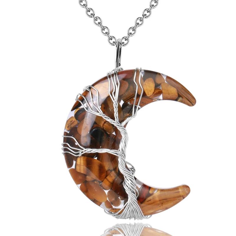 7 Chakras Tree of Life Necklace Wire Wrap Crescent Moons Crystal Pendants