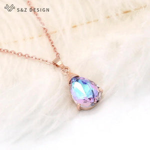 S&Z Water Drop Crystal Pendant Necklace Wedding Jewelry 585 Rose Gift